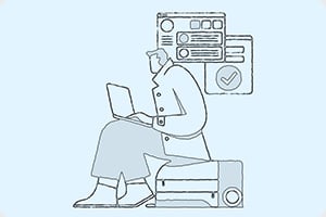 Illustration of a person sitting on a suitcase using a laptop. Behind them are outlines of browser windows, suggesting online booking. Calm, efficient tone.