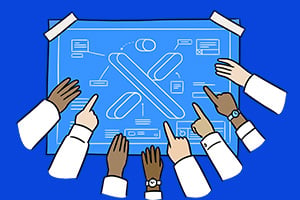 Six diverse hands point at a blueprint diagram featuring pills and connection lines, symbolizing collaboration in a medical or scientific context.