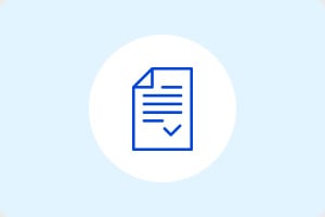 Icon of a paper with text lines and a checkmark in blue, centered on a light blue background. Represents document approval or completion.