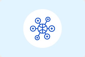 Icon of a network with a central globe connected to six nodes, each marked with a plus sign, symbolizing connectivity and expansion, set on a light blue background.