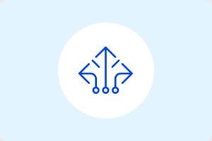 A blue geometric logo with interconnected arrows and dots on a white circle, set against a light blue background. The design is modern and symmetric.